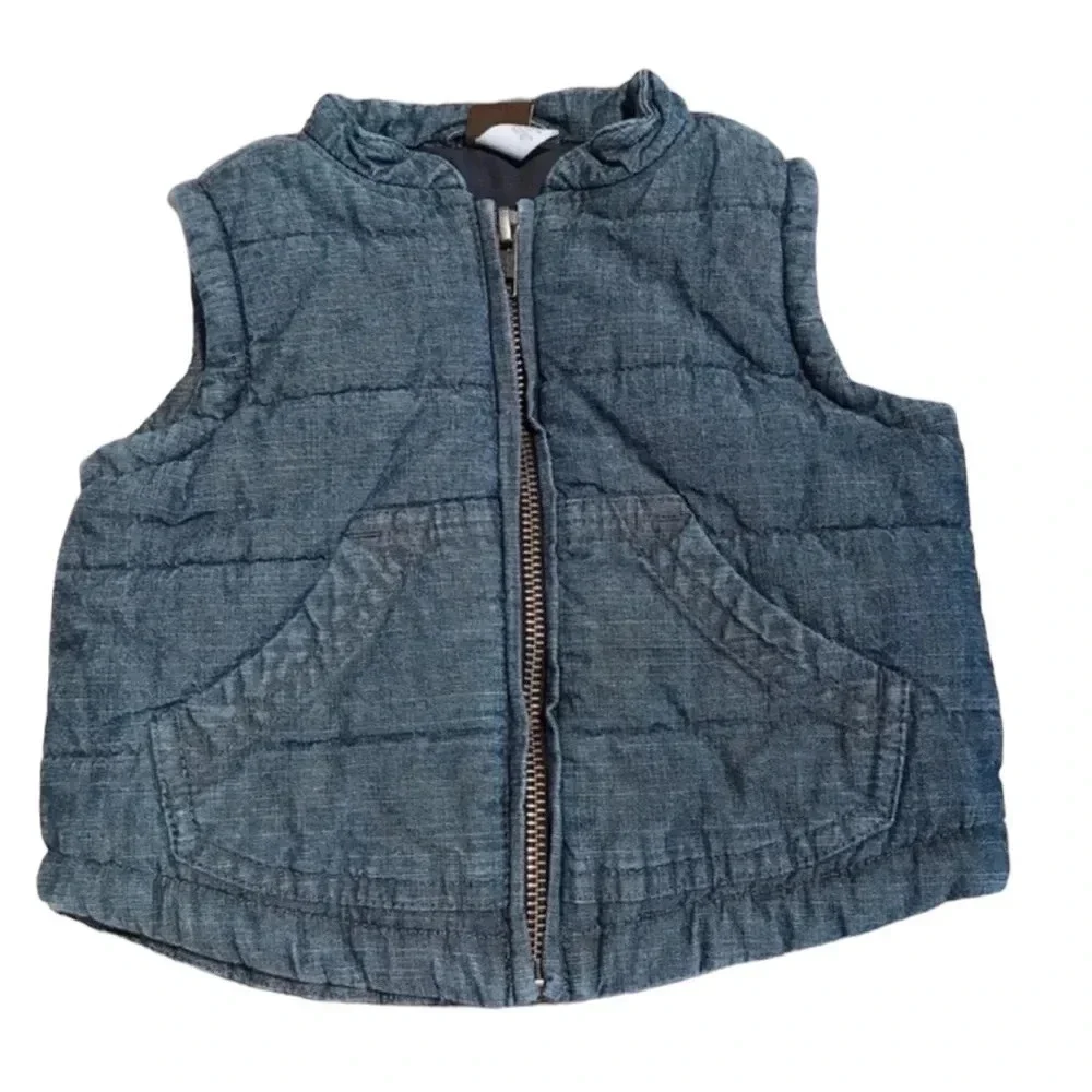 Anthropologie Tea Collection Denim Puffy Zip Up Vest Size 6-12 mos 100% Cotton